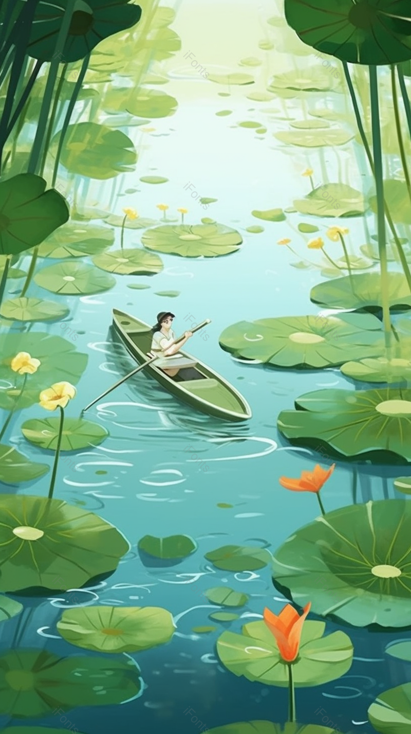 大暑绿色的夏天划船在荷叶荷花盛开的池塘里玩耍,插画/手绘图,插画/手绘图库,插画/手绘图下载,插画/手绘